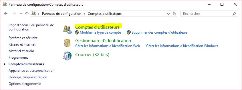 contrôle du compte d'utilisateur